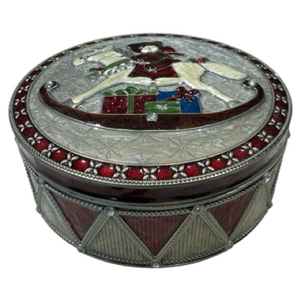 Vintage Christmas Jeweled Enameled Trinket Box Mirror Inside Rocking Horse - Picture 2 of 7